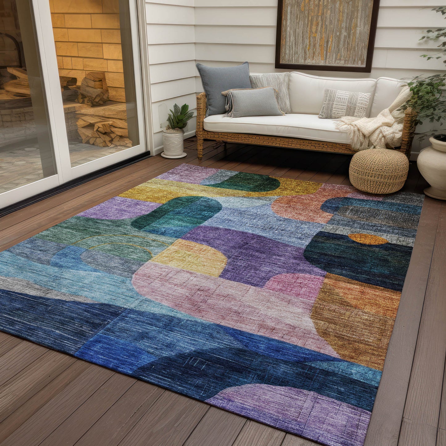 8' X 10' Blue Purple And Green Abstract Washable Indoor Outdoor Area Rug