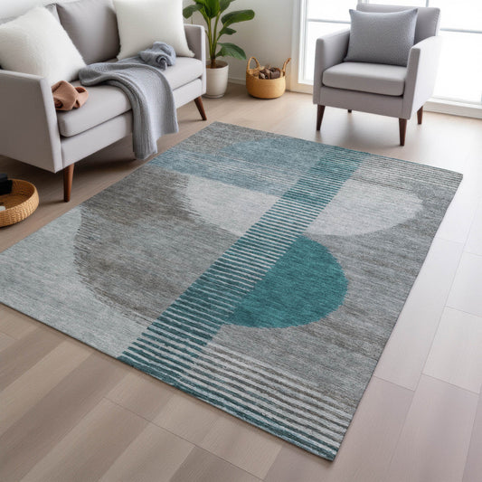 8' X 10' Teal Blue And Gray Geometric Washable Indoor Outdoor Area Rug