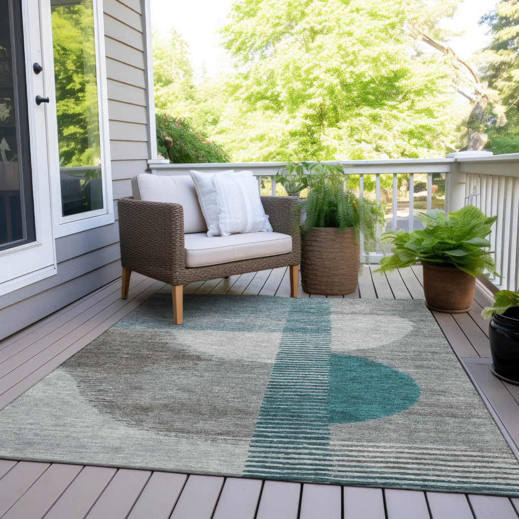 8' X 10' Teal Blue And Gray Geometric Washable Indoor Outdoor Area Rug