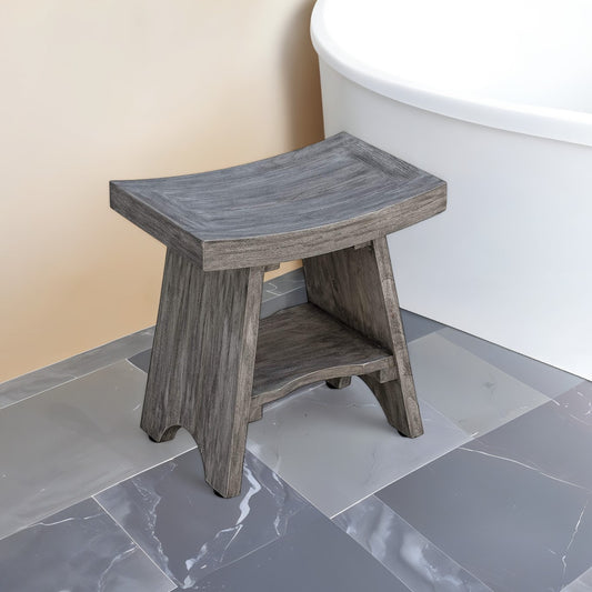 18" Gray Solid Wood Rectangular Shower Bench With Shelf