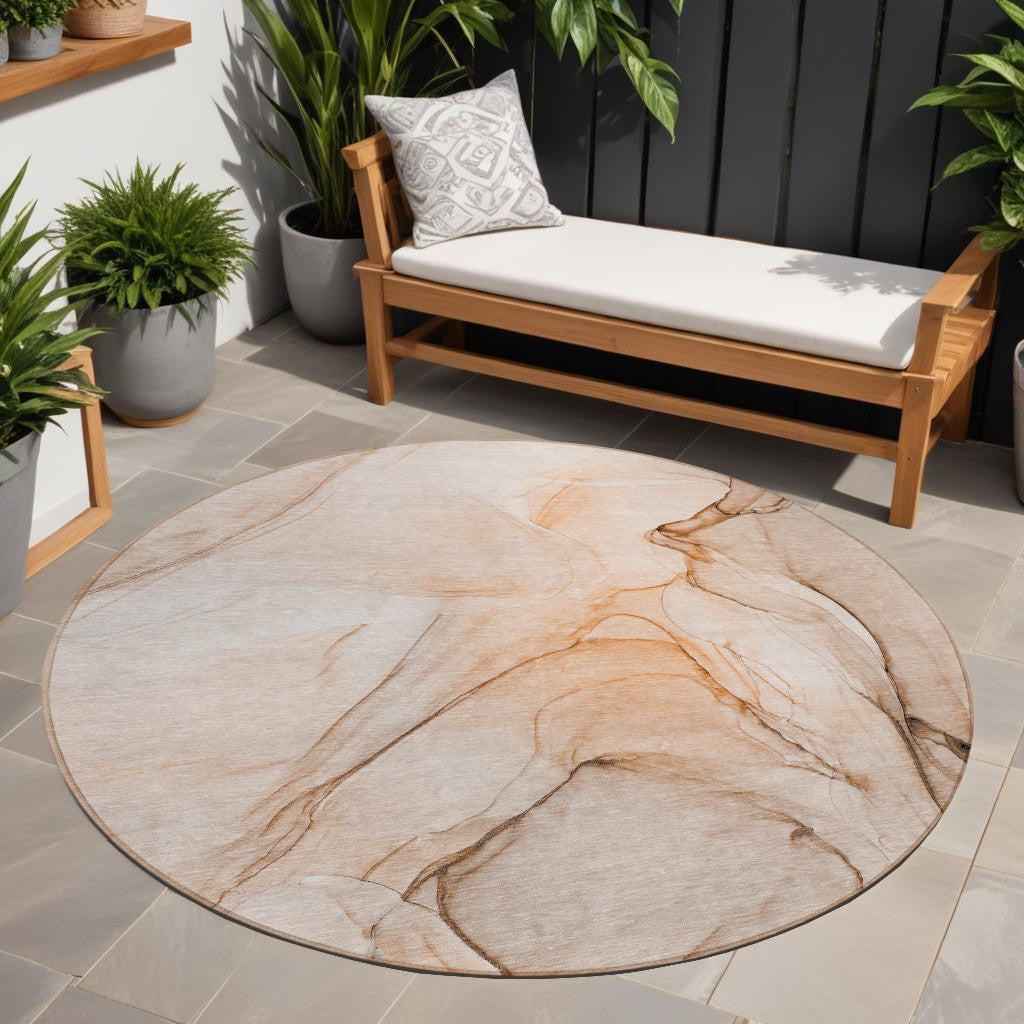8' Round Gray and Orange Round Abstract Washable Non Skid Indoor Outdoor Area Rug