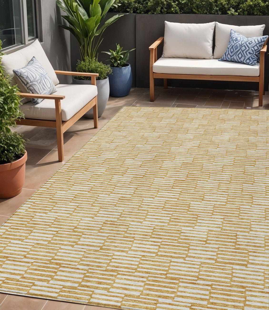 5' X 8' Gold And Beige Geometric Washable Indoor Outdoor Area Rug