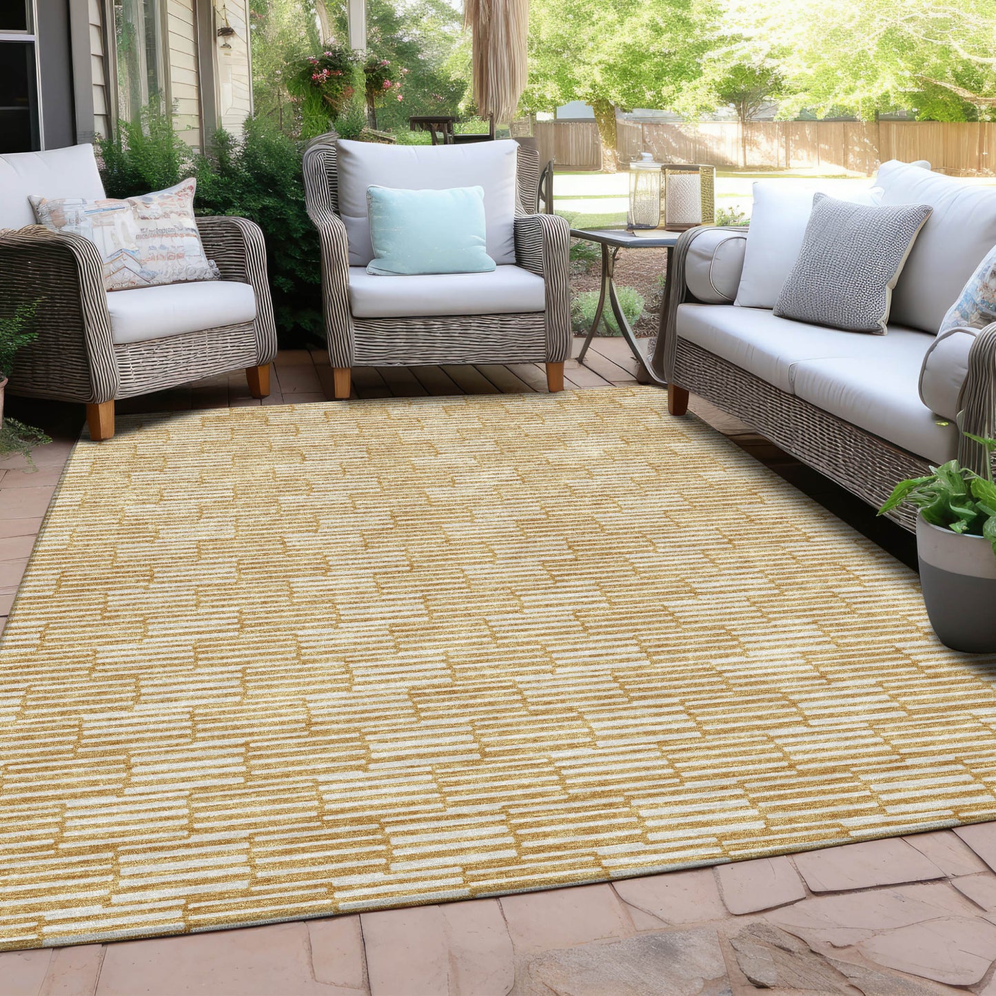 5' X 8' Gold And Beige Geometric Washable Indoor Outdoor Area Rug