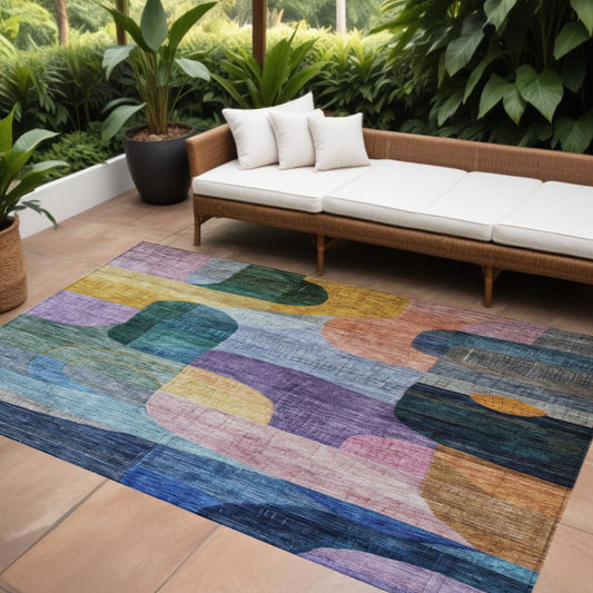 8' X 10' Blue Purple And Green Abstract Washable Indoor Outdoor Area Rug