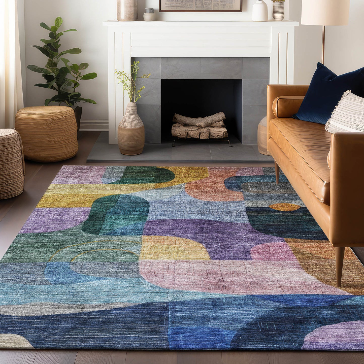 8' X 10' Blue Purple And Green Abstract Washable Indoor Outdoor Area Rug