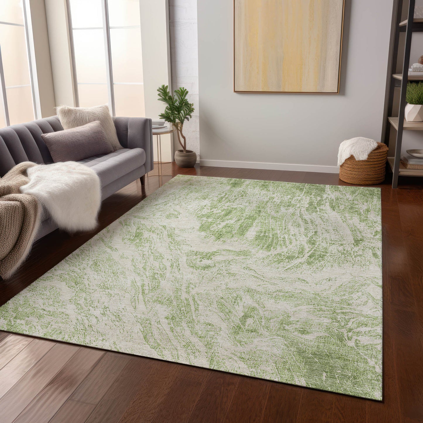 10' X 14' Sage And Ivory Abstract Washable Indoor Outdoor Area Rug