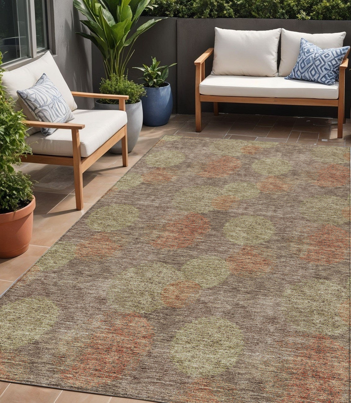 5' X 8' Brown Taupe And Sage Polka Dot Washable Indoor Outdoor Area Rug