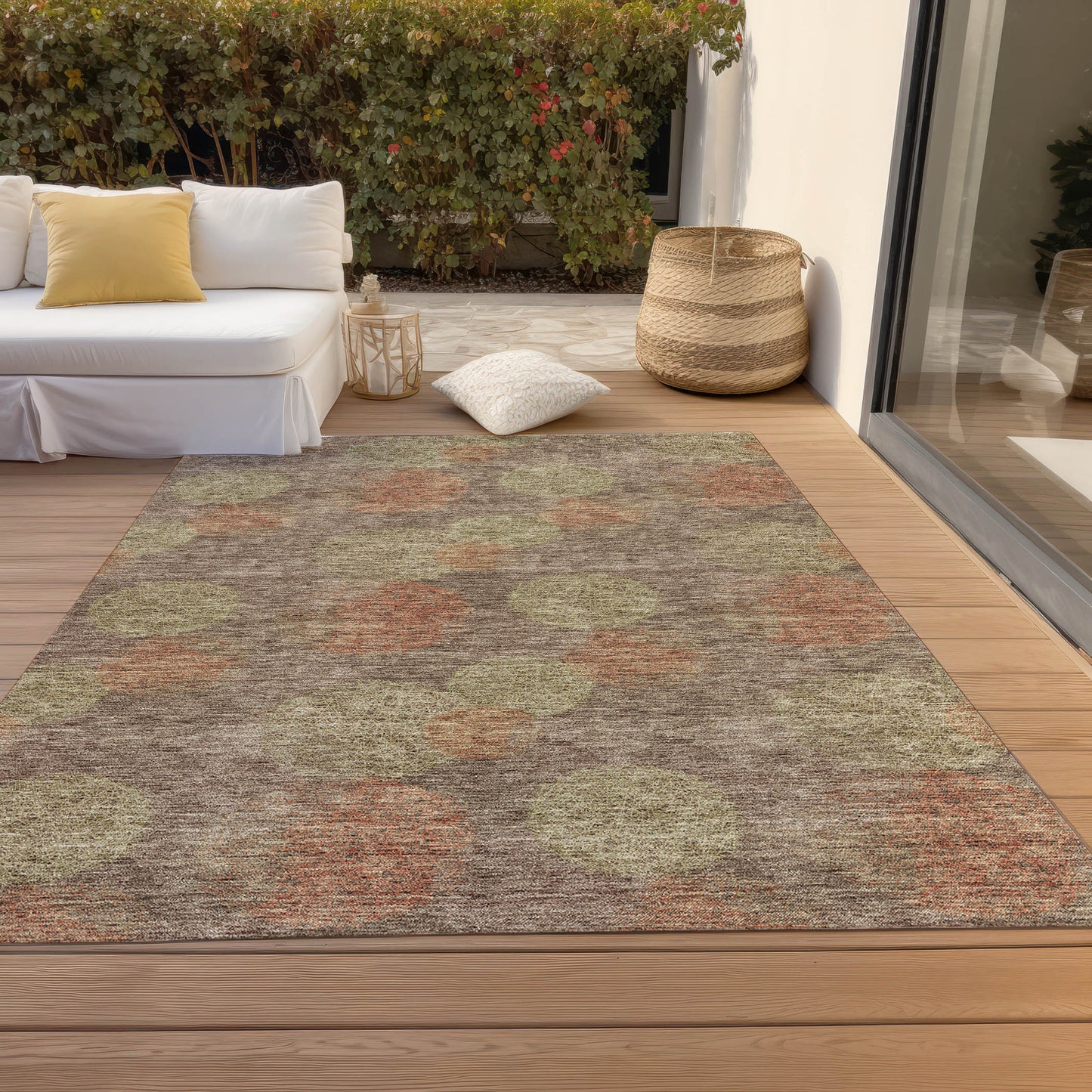 5' X 8' Brown Taupe And Sage Polka Dot Washable Indoor Outdoor Area Rug