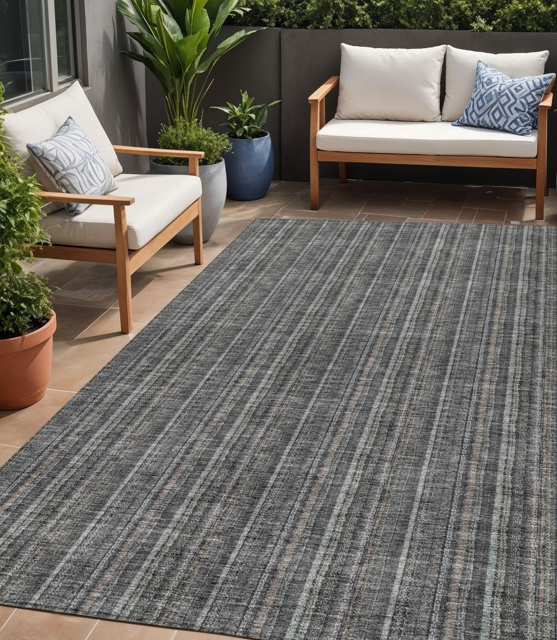 5' X 8' Gray And Silver Striped Washable Indoor Outdoor Area Rug