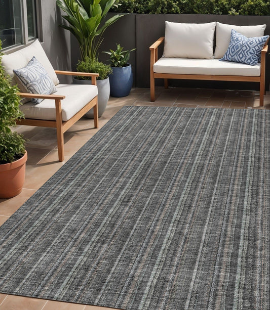 5' X 8' Gray And Silver Striped Washable Indoor Outdoor Area Rug