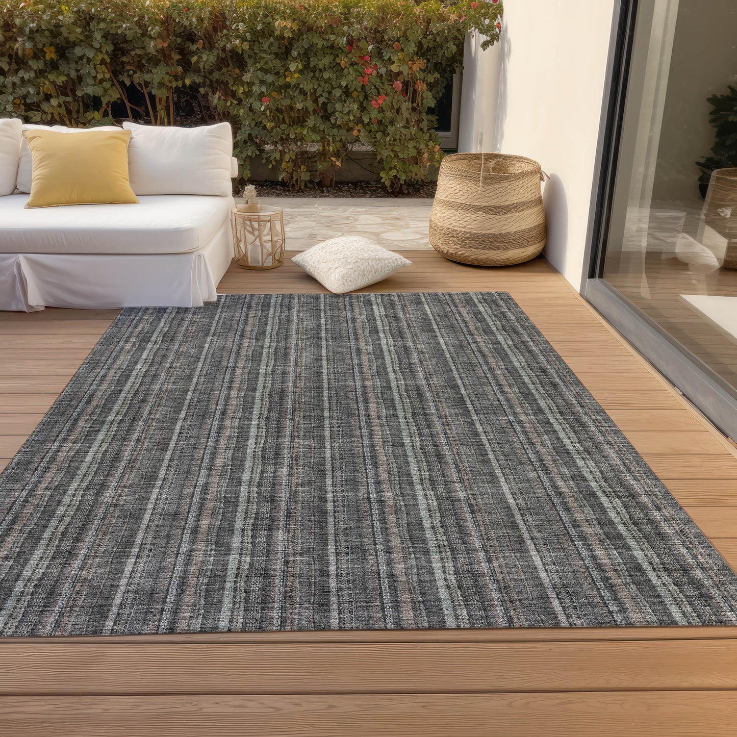 5' X 8' Gray And Silver Striped Washable Indoor Outdoor Area Rug
