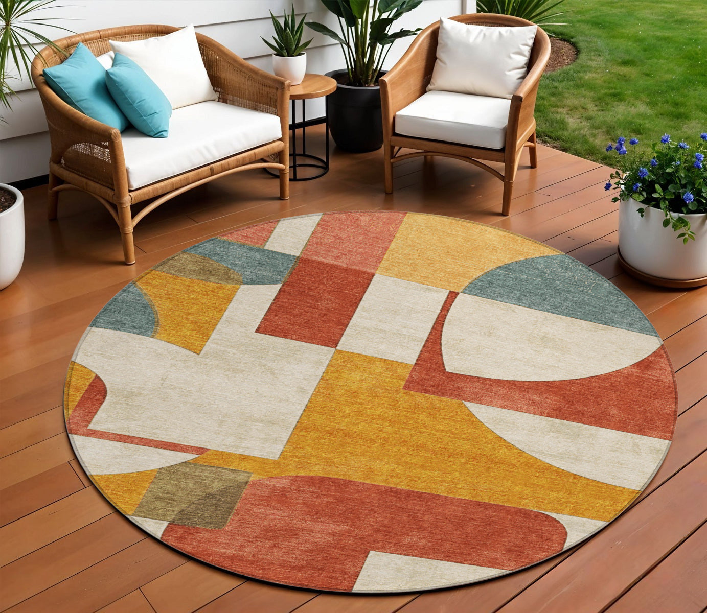 8' Coral Gold And Ivory Round Geometric Washable Indoor Outdoor Area Rug