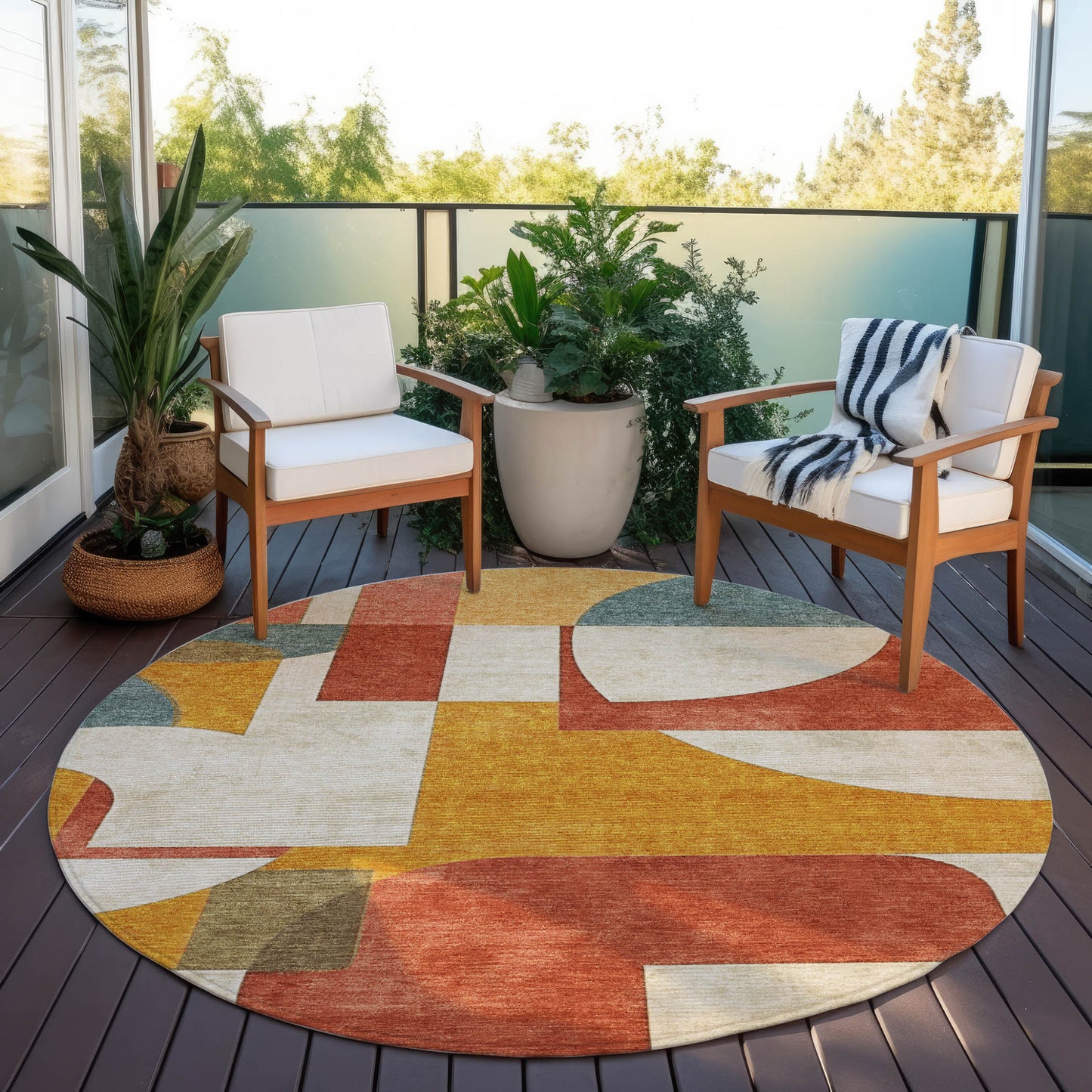 8' Coral Gold And Ivory Round Geometric Washable Indoor Outdoor Area Rug