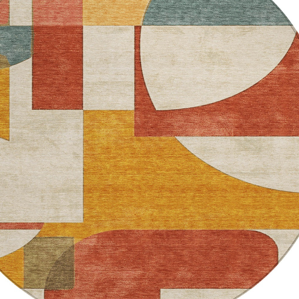 8' Coral Gold And Ivory Round Geometric Washable Indoor Outdoor Area Rug