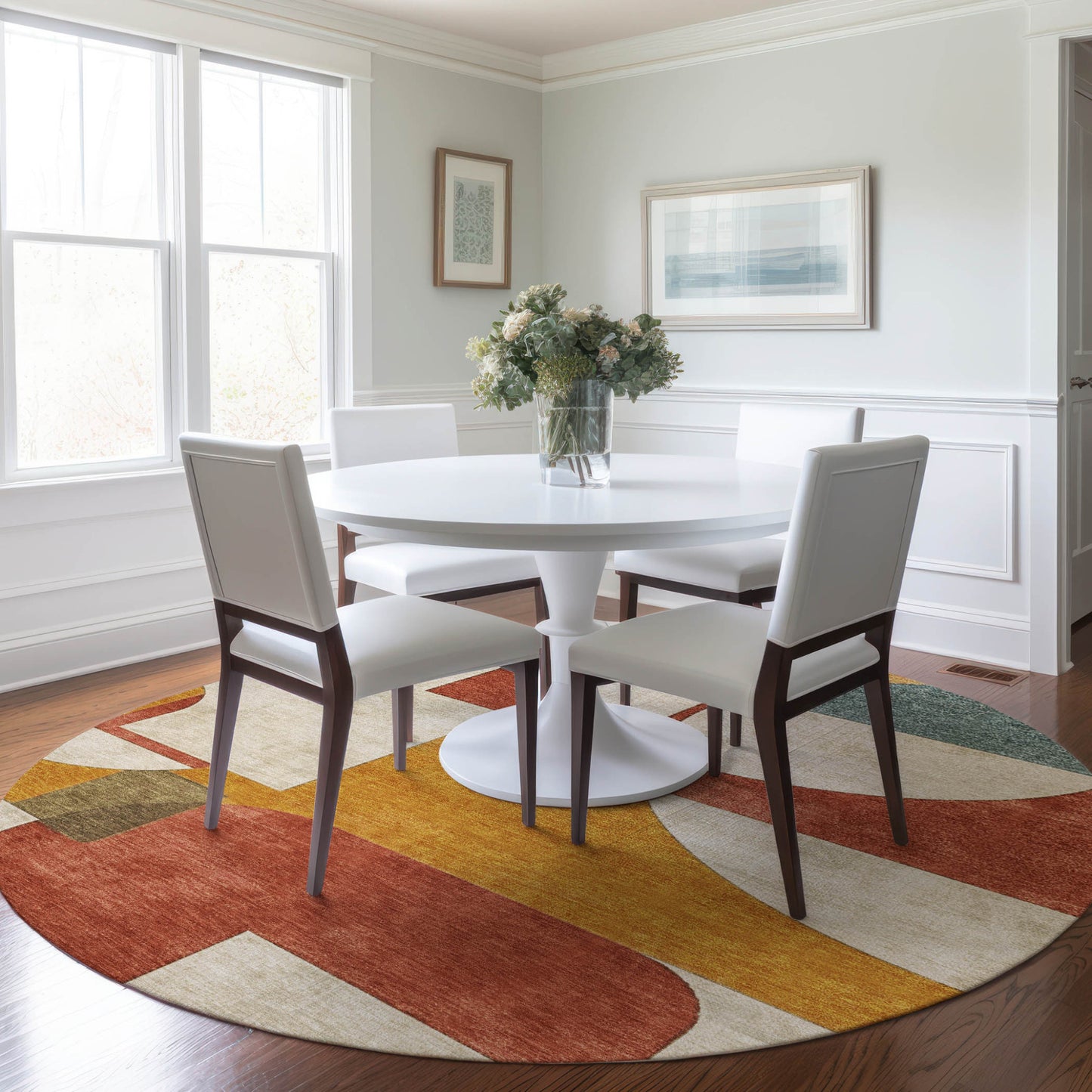 8' Coral Gold And Ivory Round Geometric Washable Indoor Outdoor Area Rug