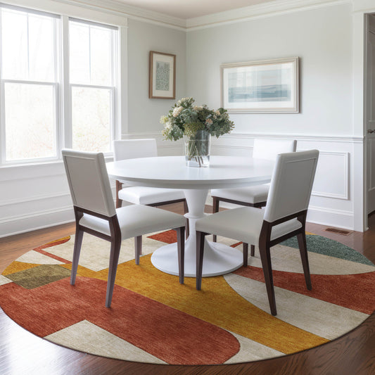 8' Coral Gold And Ivory Round Geometric Washable Indoor Outdoor Area Rug