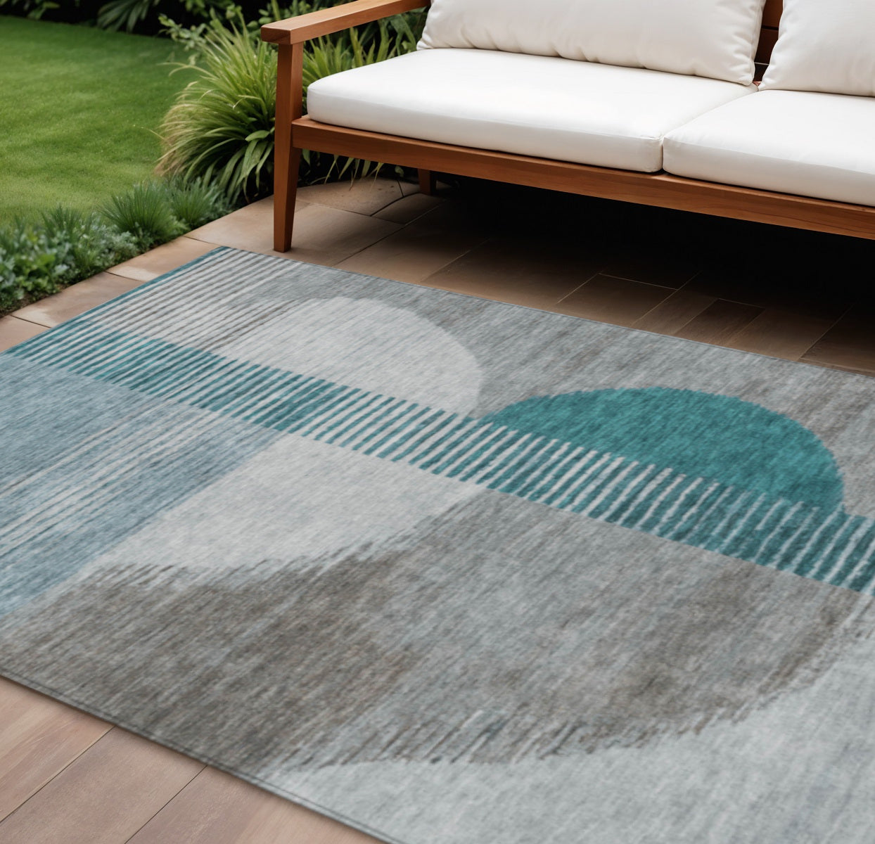 8' X 10' Teal Blue And Gray Geometric Washable Indoor Outdoor Area Rug