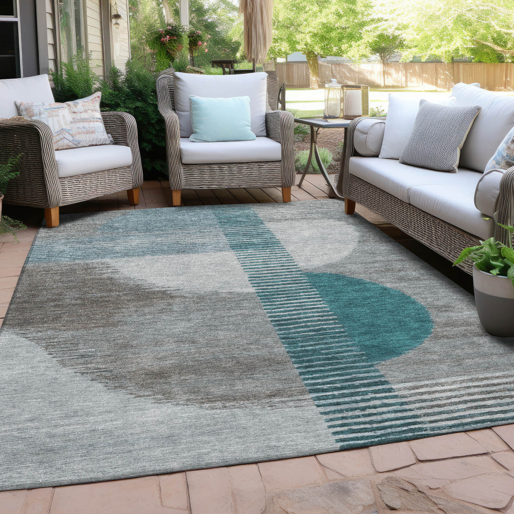 8' X 10' Teal Blue And Gray Geometric Washable Indoor Outdoor Area Rug