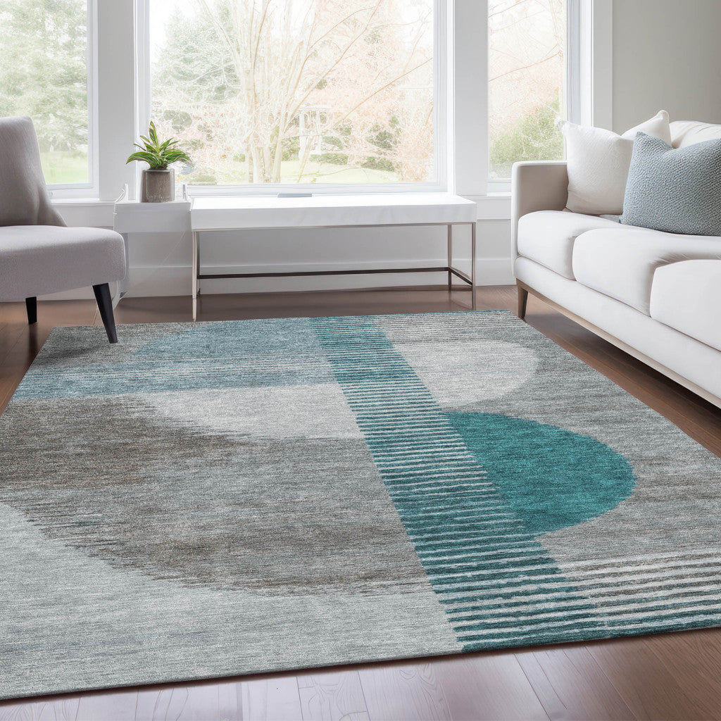8' X 10' Teal Blue And Gray Geometric Washable Indoor Outdoor Area Rug