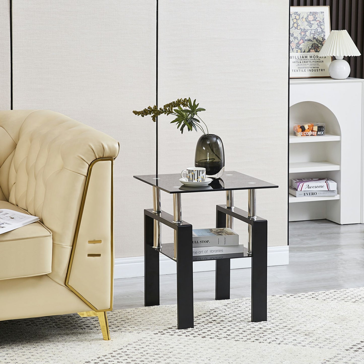 Black Glass and Metal Square End Tables With Shelf