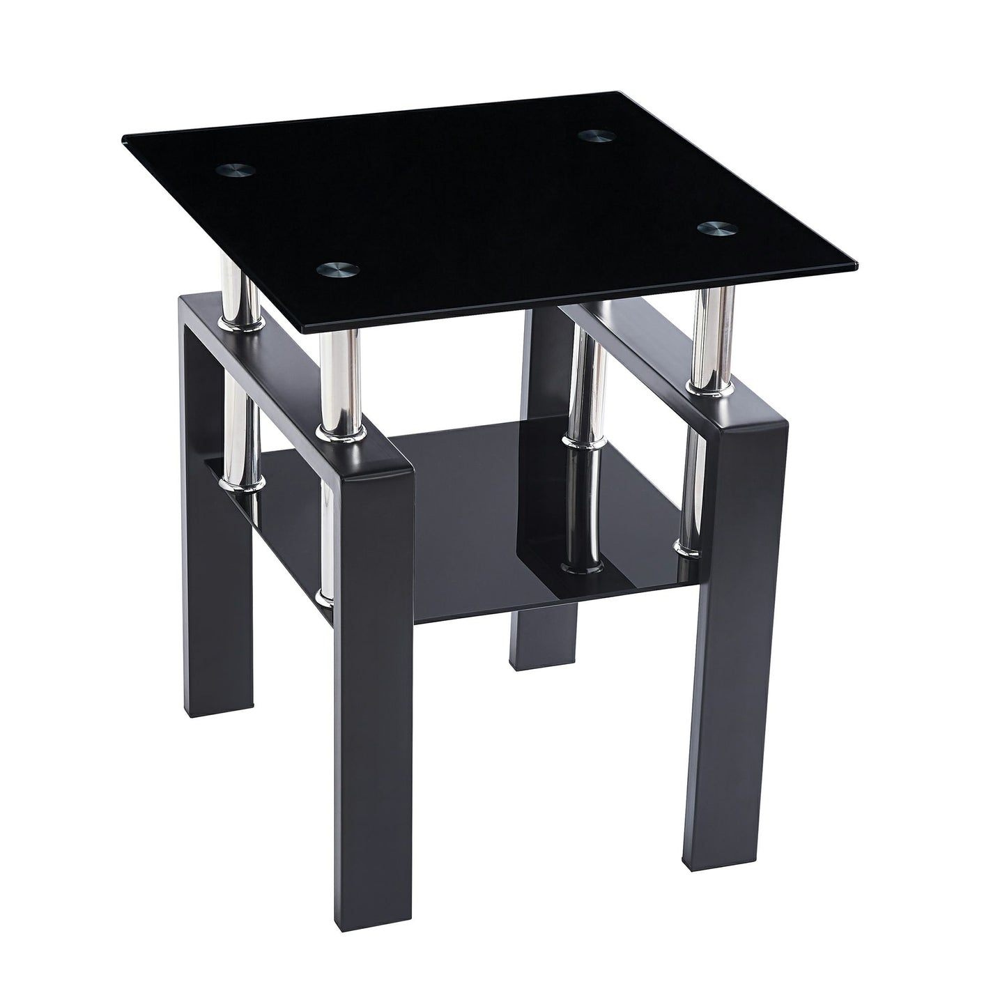 Black Glass and Metal Square End Tables With Shelf