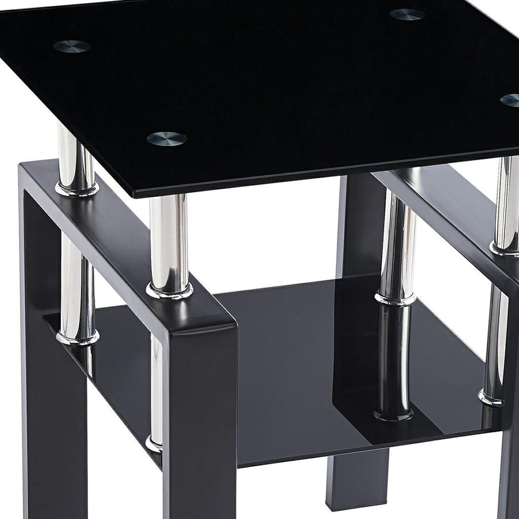 Black Glass and Metal Square End Tables With Shelf