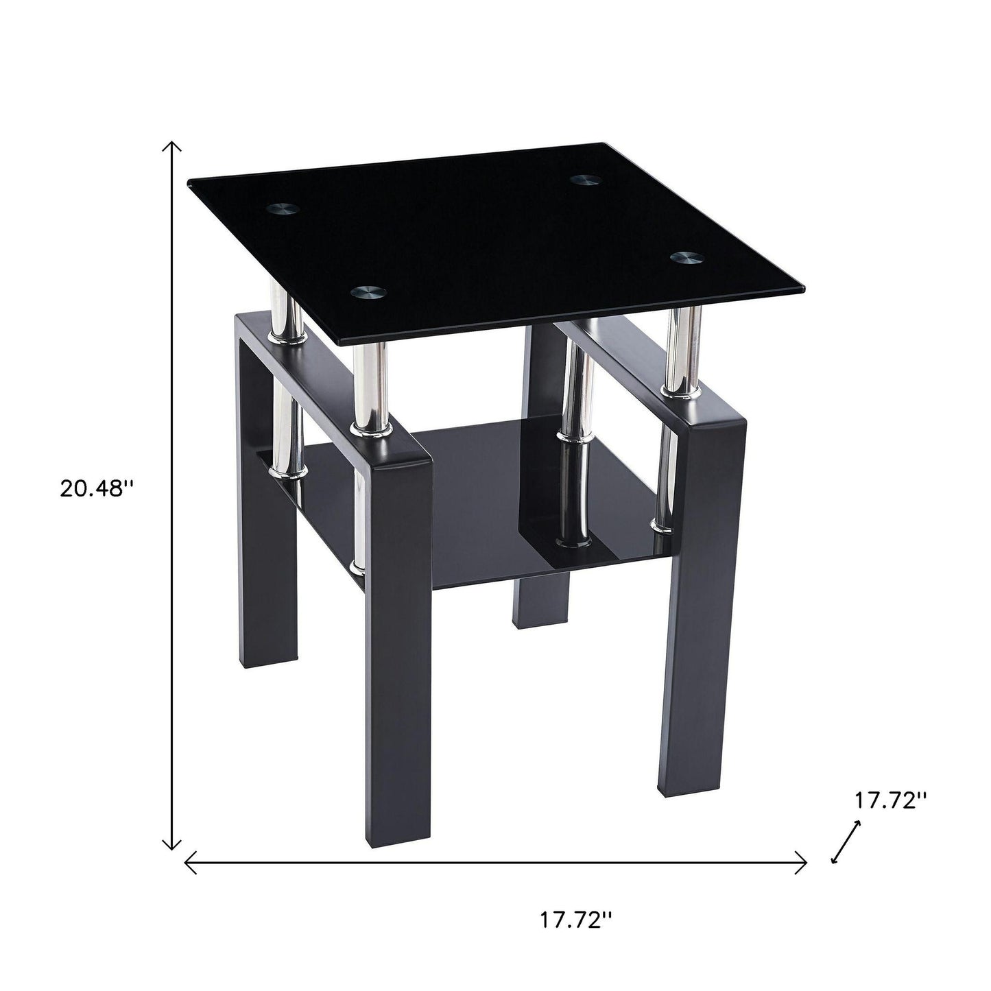 Black Glass and Metal Square End Tables With Shelf